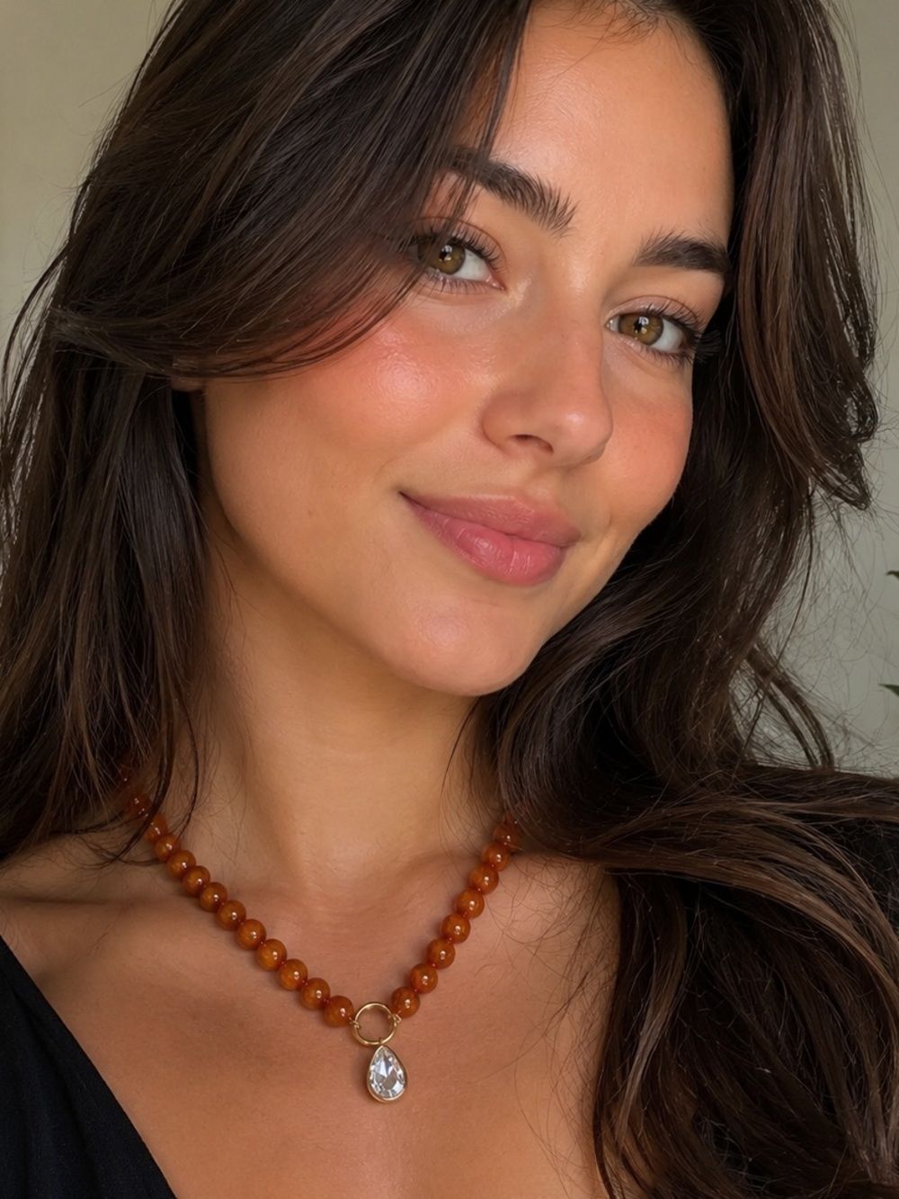 Brown Beaded Necklace with Gold Teardrop Charm